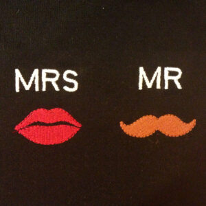 Darling Mr with mustache and Mrs with lips machine embroidery designs  in four sizes