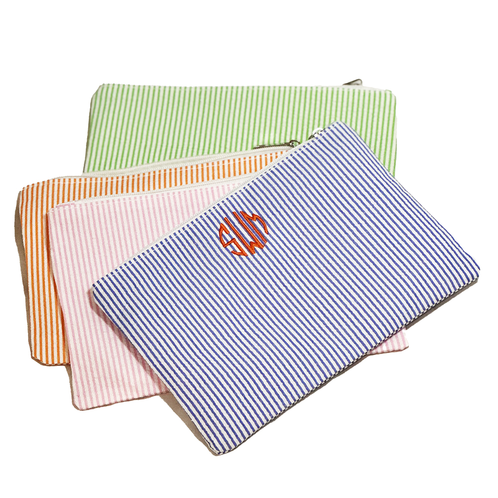 monogrammed seersucker makeup bag