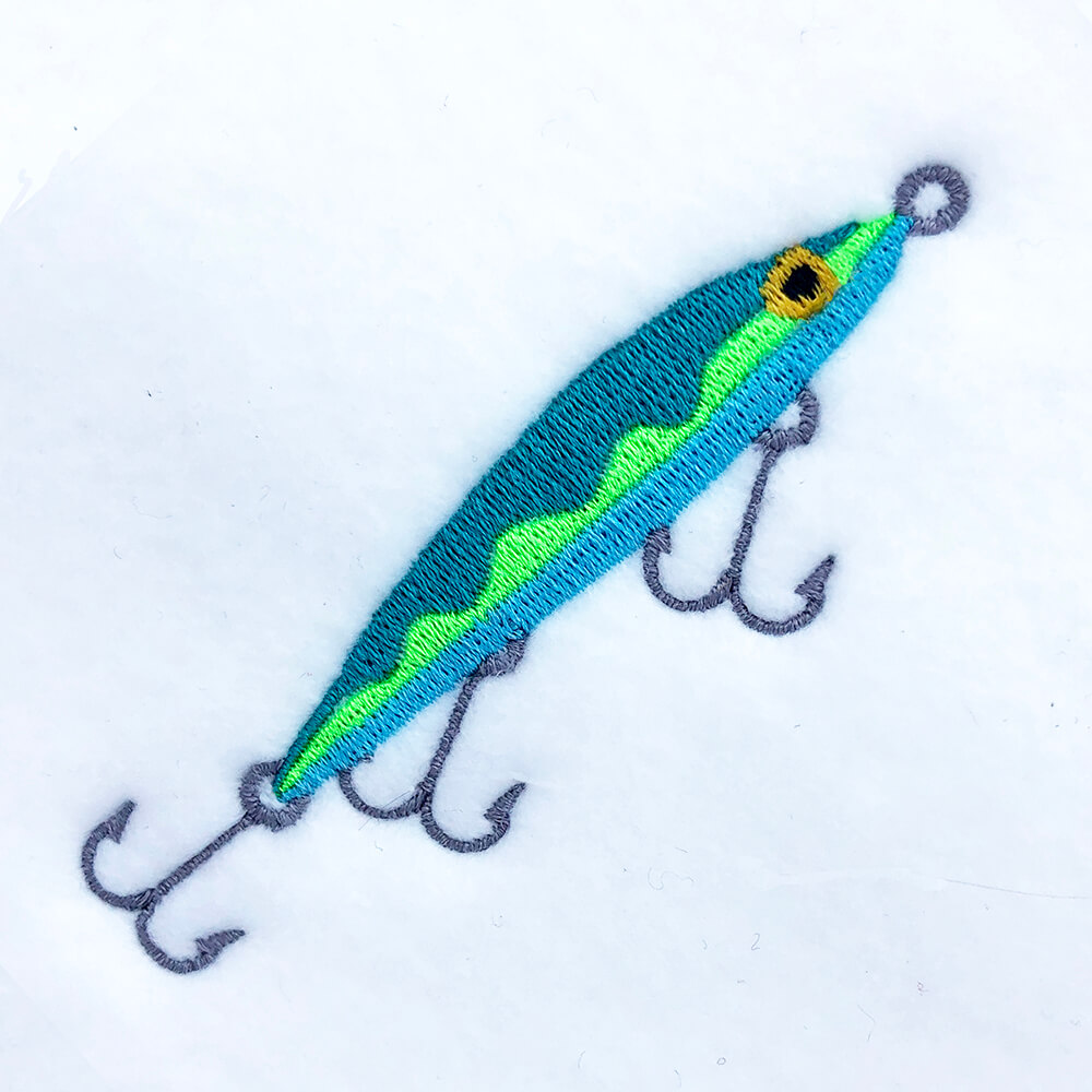 Fishing lure with three hooks embroidery design - Machine Embroidery Geek