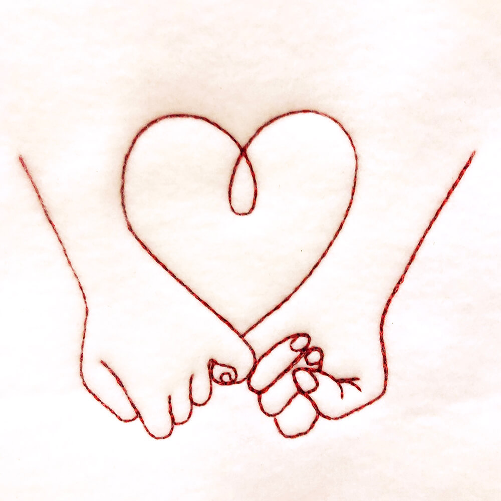 Redwork hands holding pinkies and making heart shape embroidery