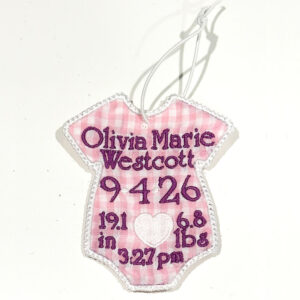 In-the-hoop baby onesie announcement ornament in 2 styles