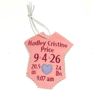 In-the-hoop baby onesie announcement ornament in 2 styles
